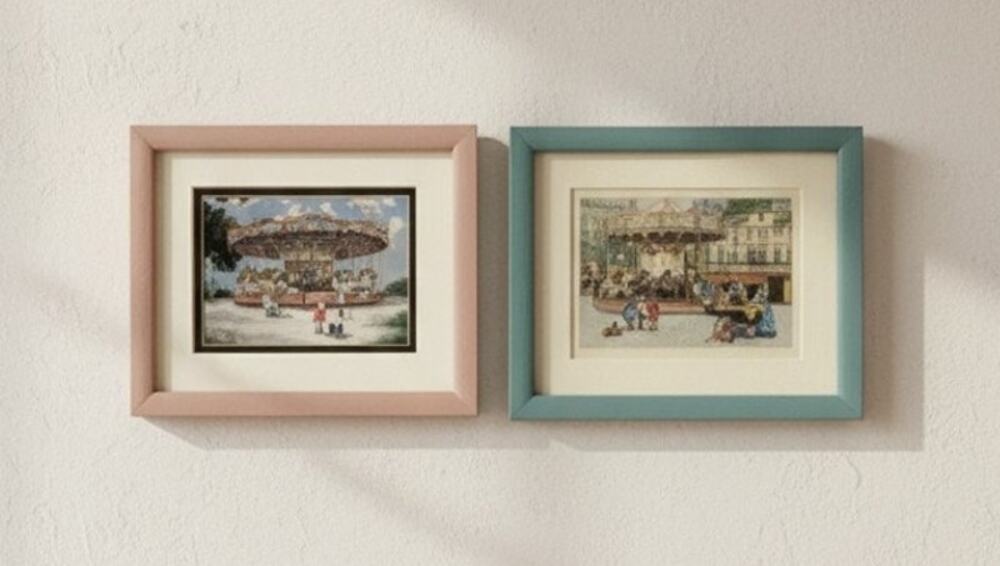 Framed Double Matted Art Prints French City Scene Carousel Wall Art Set of 2